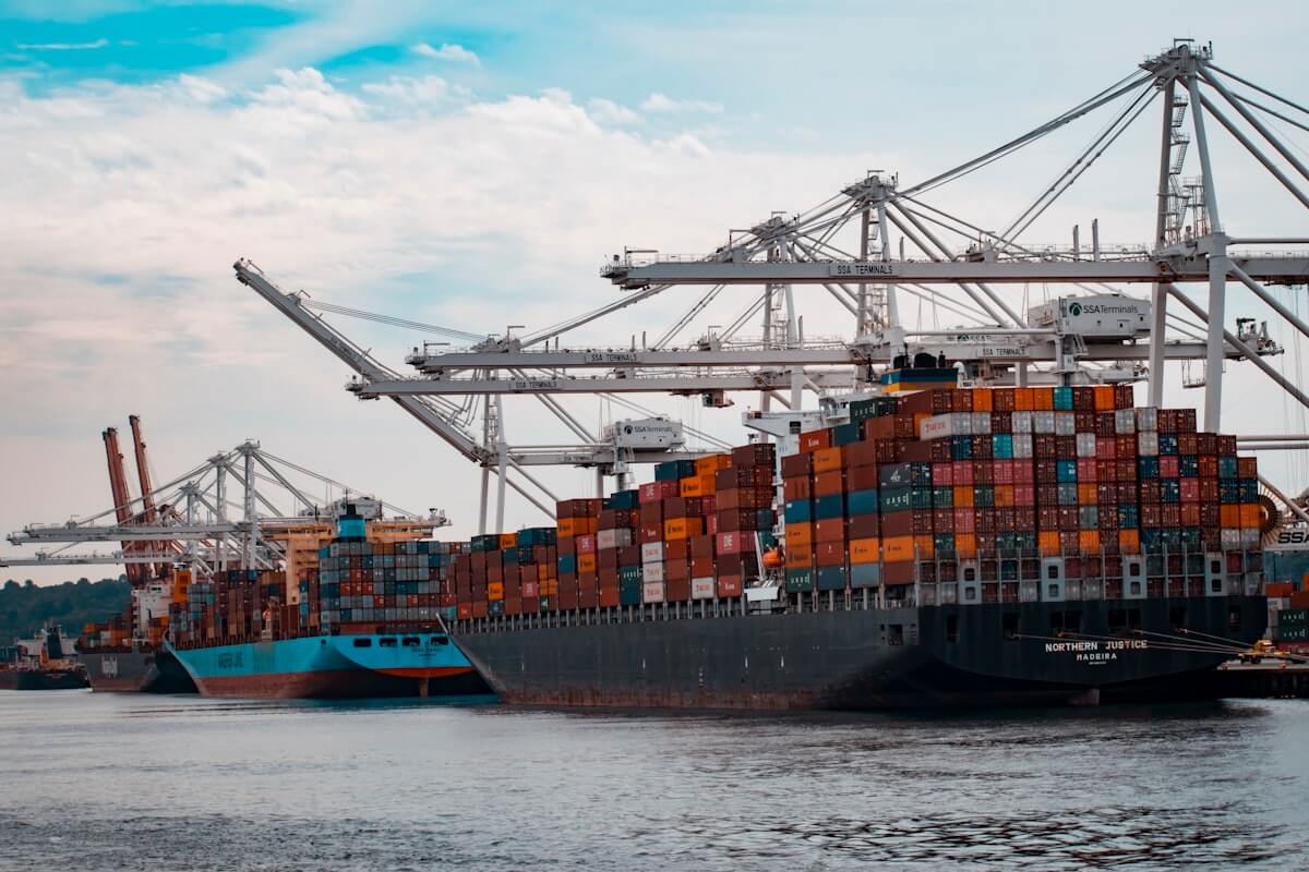 Container vessel docked at an international shipping port